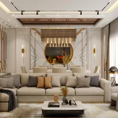This is a 3D render of a luxurious living and dining room we designed. It features a stunning marble-clad wall, a large L-shaped sofa, and a sophisticated dining area with a statement chandelier. This design is all about creating a grand and opulent feel.
