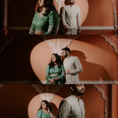 A collage showing different angles and moments from a single studio setup. We explore various compositions to capture the couple's interaction and the beautiful play of light and shadow on the ornate wall.