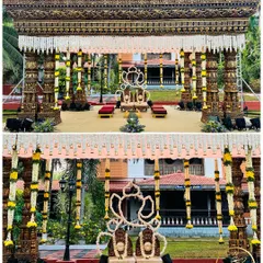 A two-panel view of a grand outdoor mandap, showcasing its temple-inspired architecture and a unique Ganesha motif made of flowers.
