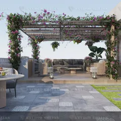 This wide view of the Rajouri Garden terrace shows how we zone larger outdoor areas. We created separate zones for lounging and dining, all unified by the lush greenery and natural materials.