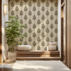 The Malkha Boota wallpaper, featuring a repeating leaf-like Kalamkari motif, creates a serene and meditative atmosphere in this sunlit space. The pattern adds a touch of heritage without overwhelming the room.