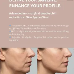 A defined jawline can transform your entire profile. We achieve natural-looking, non-surgical double chin reduction using a combination of advanced technologies. Our approach includes EndyMed PRO for radiofrequency skin tightening, HIFU for deep tissue lifting, and targeted injection lipolysis to precisely sculpt and reduce fat.