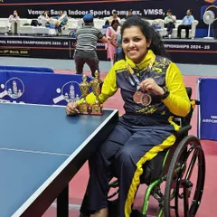 Celebrating Rajlakshmi S J, our Para National Champion, with her trophies and medals. Her success in singles, women's doubles, and mixed doubles is a story of pure grit and exceptional talent.