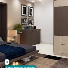 This bedroom showcases our smart storage solutions, with a sleek credenza and a wardrobe that blends into the wall. The under-bed shelving provides extra space for books and essentials.