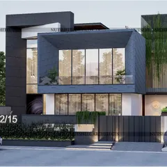 A frontal view of 'The Altair' project, showing how we use deep frames and cantilevered balconies to create depth and shadow. The design integrates green spaces with a cascading plant wall, softening the modern structure and connecting it to nature.