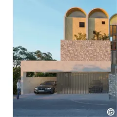 A closer view of the entrance and carport. The material palette includes rough-hewn stone, smooth plaster, and vertical wooden slats, creating a rich textural contrast that is both modern and timeless.