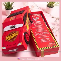 For a child's birthday, we created this fun and imaginative invitation box in the shape of a race car. The box slides open to reveal the party details, turning the invitation itself into a playful and exciting gift.