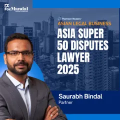 This graphic from Asian Legal Business recognizes our Partner, Saurabh Bindal, as one of Asia's Super 50 Disputes Lawyers for 2025. This award underscores our firm's formidable capability in handling complex dispute resolution matters for our clients.