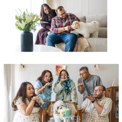 A collage of birthday fun! The top image shows a quiet moment of play, while the bottom captures the whole family blowing confetti over Kyro and his cake in a burst of celebration.