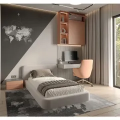 A modern and cool bedroom for a slightly older child or teenager. The design features a world map wall decal, a floating desk, and a sophisticated color palette of grey, white, and peach.