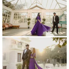 This collage showcases a destination shoot's versatility, with a flowing purple gown in a sunlit glasshouse and a romantic sunset embrace against a beautiful building.