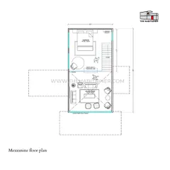 The mezzanine floor plan for the same container home. This upper level includes a bedroom and a small lounge area, showcasing how I use vertical space to create more functional living areas in a compact footprint.