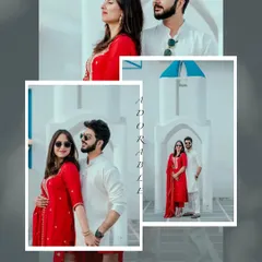 A collage of a couple's shoot at our Santorini set, showing different poses and angles. The clean white walls and pops of blue create a fresh and modern romantic feel for your pre-wedding album.