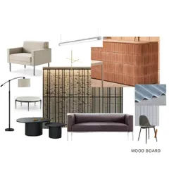 This mood board for the Jaipuria student housing reception shows our design process. It outlines the combination of raw textures, industrial elements, and modern furniture that defines the project's grounded and inspiring character.