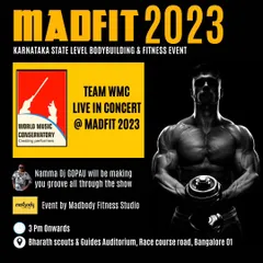 The official poster for our live concert at Madfit 2023, Bangalore's biggest fitness and fashion event. We create diverse platforms for our students to perform.