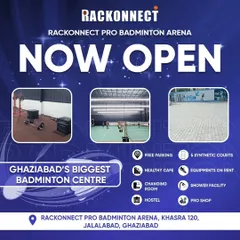 Announcing the opening of Ghaziabad's biggest badminton centre. This graphic details all the amenities we provide, including 5 synthetic courts, a healthy cafe, changing rooms, and even a hostel facility.