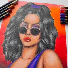 The full view of my original character portrait, with the pencils I used for her hair and outfit.