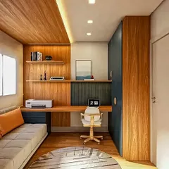This multi-functional room serves as both a study and a guest bedroom. The design includes a built-in desk, a comfortable daybed, and a full-sized wardrobe, making it a highly efficient use of a small space.