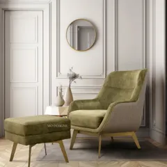 Embrace pure relaxation with our luxurious armchair and matching footstool. Upholstered in a beautiful olive green velvet, this duo is a haven for unwinding, crafted with high-quality materials to ensure both style and unparalleled comfort.