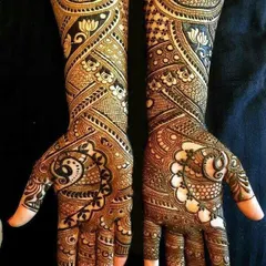 An intricate design that combines the grace of peacocks and lotus flowers with the precision of geometric patterns, covering the hands and arms completely.