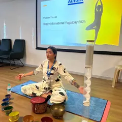It was an honor to facilitate a session for International Yoga Day at Autoliv, a global leader in automotive safety. Here I am, seated with my instruments, ready to guide the employees through a journey of sound.