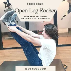 A client demonstrating excellent form on the "Open Leg Rocker." This Pilates exercise is fantastic for strengthening abdominal muscles, massaging the spine, and improving posture and balance.