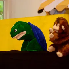 Here are two of my oldest friends, the Talking Turtle and a mischievous monkey, from a performance of a Jataka tale. Their on-stage chemistry is always a highlight.