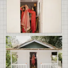 A story in two frames: a mother helps her daughter with the dupatta, followed by a wide shot of the bride ready in her cottage. This shows the blend of intimate family moments and the overall wedding setting.