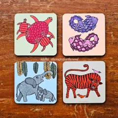 Four more coaster designs, showcasing turtles, fish, elephants, and a tiger. Each one is a miniature work of art.