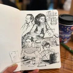 A sketchbook page filled with people I spotted at a Caffe Nero. I love observing and drawing people engrossed in their own worlds, working on laptops or just chatting.