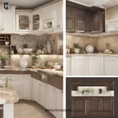 A closer look at the details in this classic kitchen. The combination of white and dark wood cabinets, marble countertops, and under-cabinet lighting showcases a perfect blend of old-world charm and modern convenience.