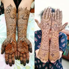 Another look at the beautiful peacock-themed bridal mehendi, showing both the fresh paste and the developed stain.