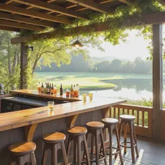 Here is a daytime bar setup at a golf club. The open-air design allows guests to enjoy the scenic view while sipping on freshly made drinks.