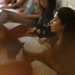 Capturing the essence of devotion, the Bhakti Bhav. Chanting and kirtan are powerful practices that connect us to our hearts. Here, in a moment of shared musical meditation, we experience the joy and unity that comes from raising our voices together.