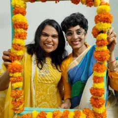 A happy moment from our Diwali party. We created a DIY photo frame with marigolds to capture the joy of the occasion. It's these small, creative touches that make my events special.