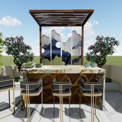 This luxurious rooftop bar concept features a marble-topped counter and an artistic metal screen as a backdrop. Flanked by flowering plants, it demonstrates how we can create a high-end, bespoke entertainment space on a terrace.