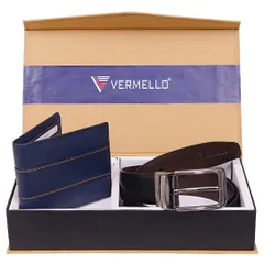 Our navy blue leather wallet with horizontal stitch detailing, presented alongside a formal black leather belt. This combination is packaged in our standard corporate gift box.