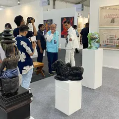 Film director Karan Johar visiting our booth at Art Mumbai. The presence of cultural influencers highlights the growing mainstream appreciation for contemporary Indian art.