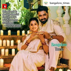 This was for a special Diwali feature in Bangalore Times. The all-white theme with gold accents created a serene and festive look for the couple's first celebration after their wedding.