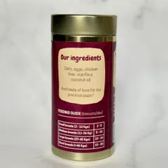 I believe in full transparency. The back of my Skin & Coat cookie tin lists every single ingredient: oats, eggs, chicken liver, rice flour, and coconut oil. Simple, honest, and made with love.