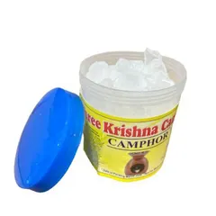 Here is an open tub of our pure camphor, showing the quality of the crystals inside. The bright blue lid ensures the container is sealed tightly when not in use.