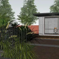 This conceptual rendering shows how we integrate structures, like this modern outbuilding, into a dense, naturalistic landscape. The use of concrete and large glass panels is softened by the surrounding tropical foliage, making the space feel like it unfolds from the garden.