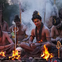 Surrounded by fire and fellow seekers, this image captures the intensity and devotion of the yogic path.