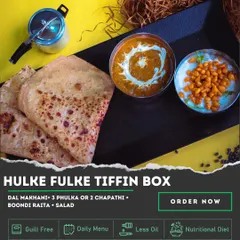 Our 'Hulke Fulke' Tiffin Box is perfect for a light yet satisfying meal. It includes our signature Dal Makhani, Boondi Raita, and fresh salad, served with your choice of phulka or chapati.