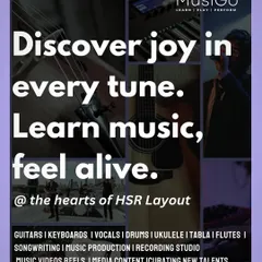 This graphic showcases the wide range of services we offer at our HSR Layout location, from instrument lessons like guitar and tabla to music production and songwriting.