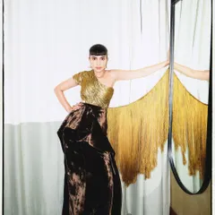 For another GQ Best Dressed event, I wore this stunning antique gold corset and silk velvet skirt. The look is dramatic and elegant, combining texture and form.