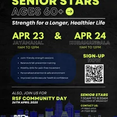 Announcing our free Senior Stars workshop for ages 60+. This poster details our program, which includes joint-friendly strength sessions, balance training, and mobility drills, all designed to help seniors move better and live healthier.