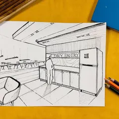 This sketch details a dry pantry and cafeteria area. It's a crucial first step in defining the functionality and feel of a space before we create detailed plans and renders.