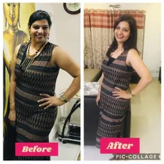 This client achieved a fantastic 12 kg weight loss with my guidance. Her smile in the 'after' photo says it all. We focused on building healthy habits that fit her lifestyle, making the results sustainable.