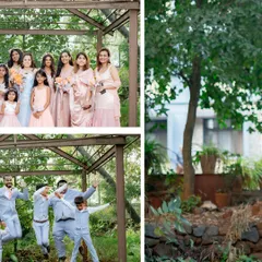 A collage from a 25th-anniversary celebration, showing fun and formal family portraits in a beautiful garden setting.